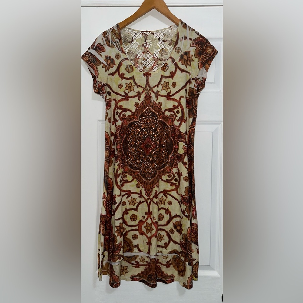 Vintage Girl Lace mini Dress in Cream and Brown floral and paisley print